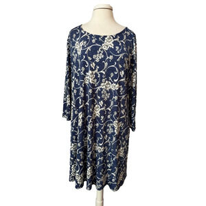 Womens 3XL Cottagecore Denim Blue Floral 3/4 Sleeve Lightweight Tunic Dress Boho